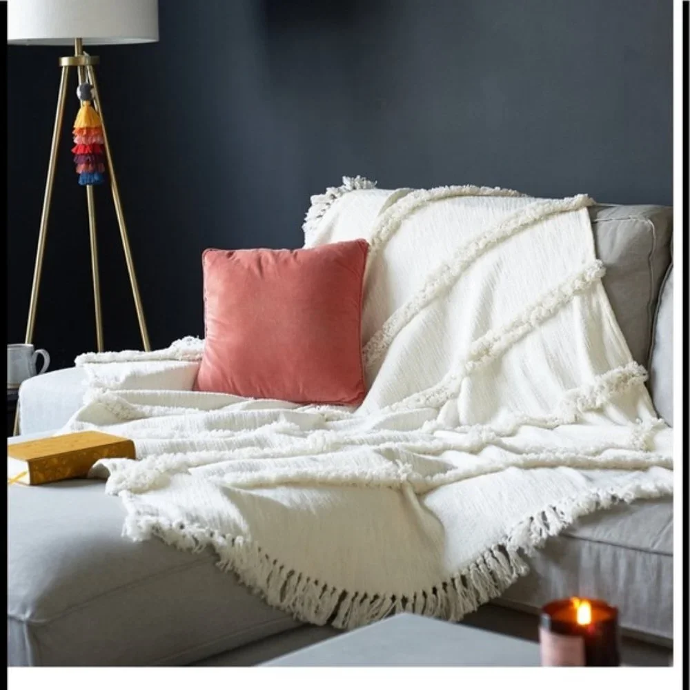 Uncommon James Textured Layered Fringe Throw in White, NEW